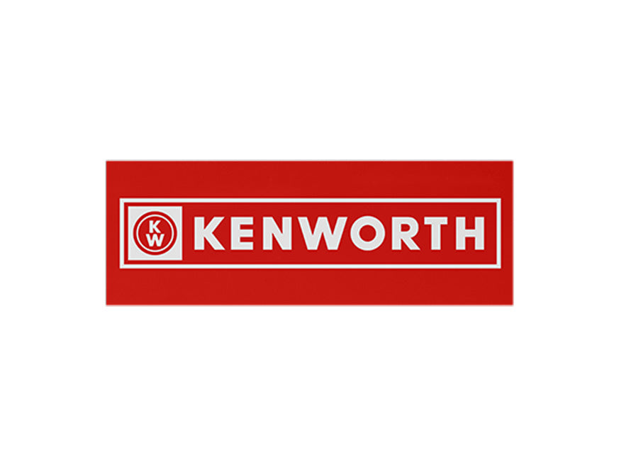 The KENWORTH Banner Bumper Sticker features a red rectangular design with bold white letters, a white border, and a circular KW emblem on the left—ideal as a high-visibility sticker or decal for your vehicle.