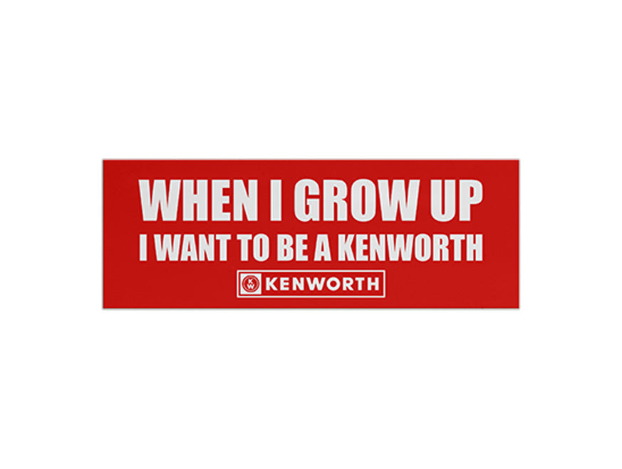 The KENWORTH When I Grow Up Sticker is a red rectangle with bold white text, "WHEN I GROW UP I WANT TO BE A KENWORTH," plus the Kenworth logo—ideal for kids or as a fun bedroom door decal.