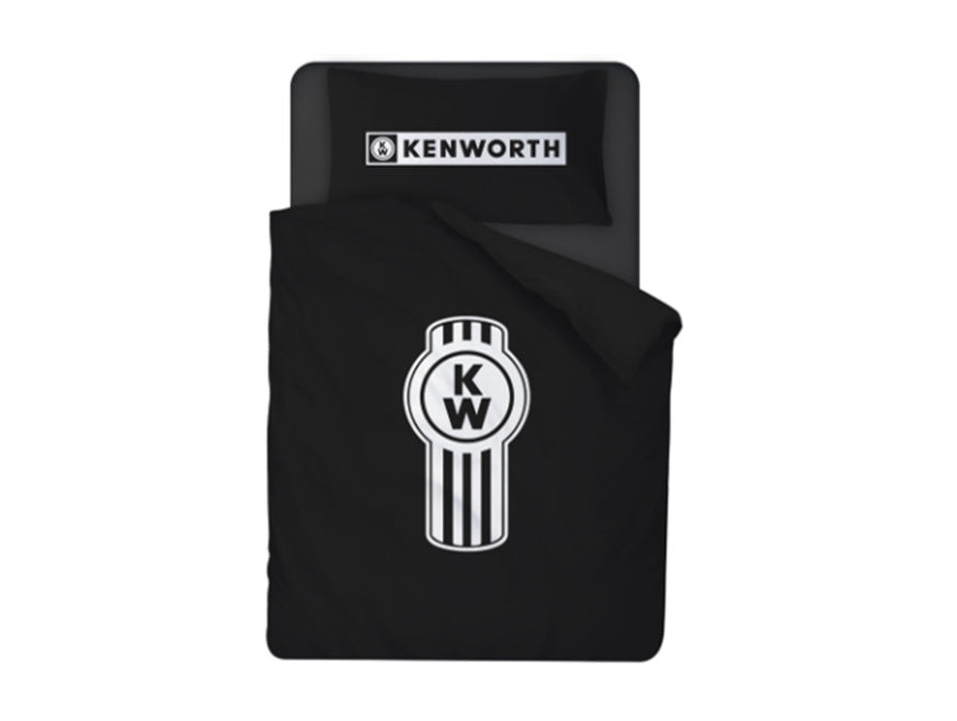 Showcase your style with the DUVET COVER SET KING SINGLE—black bedding featuring a large white Kenworth logo on the blanket and “KENWORTH” with small logo on the pillow, crafted from premium natural fibers for comfort.