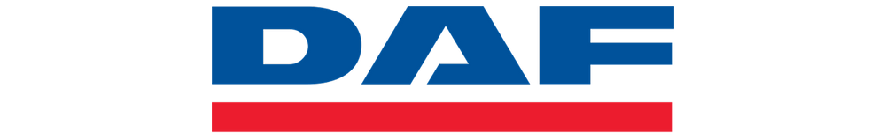 The DAF logo features bold blue letters DAF with a thick red horizontal line underneath, set against a white background.