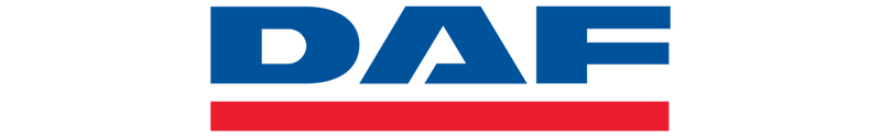 The DAF logo features bold blue letters DAF with a thick red horizontal line underneath, set against a white background.