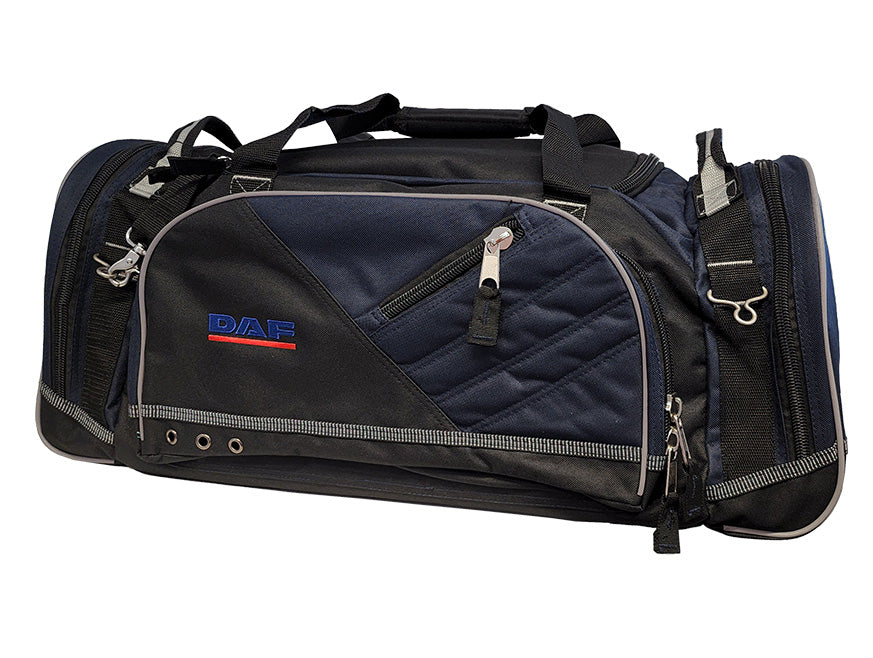 The BAG SPORTS DAF is a black and navy blue sports bag with zippered compartments, two handles, an adjustable shoulder strap, and the DAF logo on the front pocket—ideal for carrying your gear on any adventure.