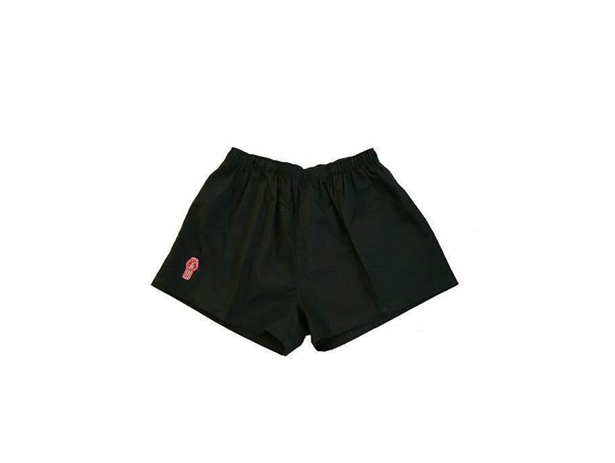 The SHORTS KW BLACK are comfortable black Kenworth shorts with an elastic waistband and a small red KW bug logo on the left leg, shown against a plain white background.
