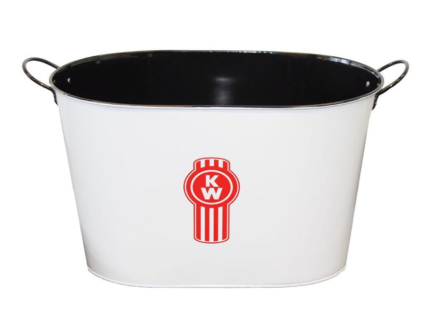 The BUCKET KW ICE/EVENT is a white Kenworth bucket tub with a black interior, two side handles, and a red circular KW logo on the front—ideal for BBQs and keeping drinks cold.