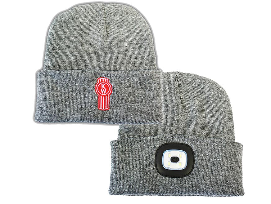 Two gray knit beanies are shown: one is a Kenworth hat with a red circular K and W logo, and the other is the BEANIE KW BLACK LED LIGHT, featuring a built-in rectangular LED light on its front cuff.