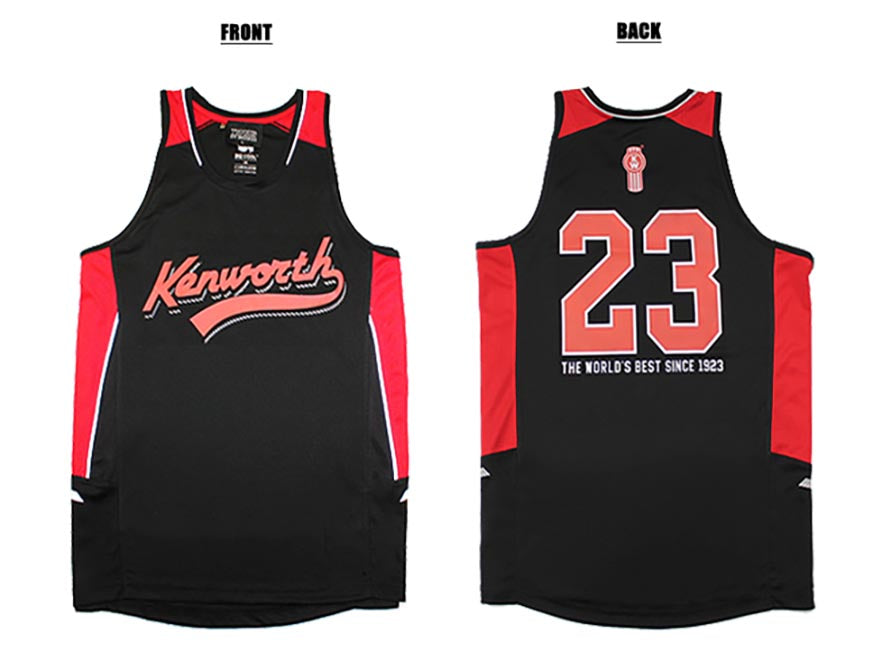 Front and back views of the SINGLET KW BLACK SINCE 23 basketball-style singlet in black with red and white accents, featuring 'Kenworth' on the front and '23' with 'THE WORLD'S BEST SINCE 1923' on the back—ideal for casual wear.