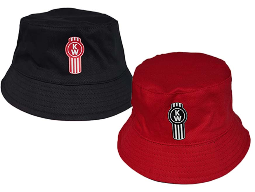 The HAT BUCKET KW REVERSABLE features a classic Kenworth-inspired style with a round, striped KW patch. Available in black and red, it's a versatile reversible bucket hat for any look.
