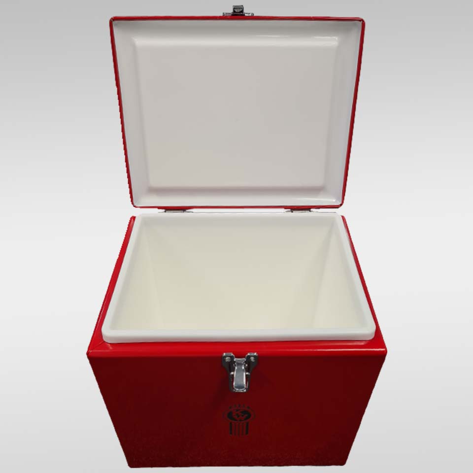 The COOLER KW VINTAGE is featured in classic Kenworth Red, open to show its white interior and empty compartment. Its vintage appeal is enhanced by a hinged lid and a secure front metal latch.