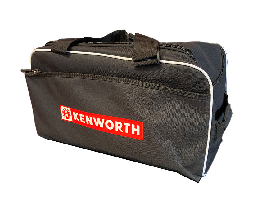 The BAG KW COOLER DUFFLE is a black insulated duffle with a front pocket, white piping, bold white “KENWORTH” logo on red, carrying handles, and zippered main compartment—ideal for keeping food and drinks cool on the move.