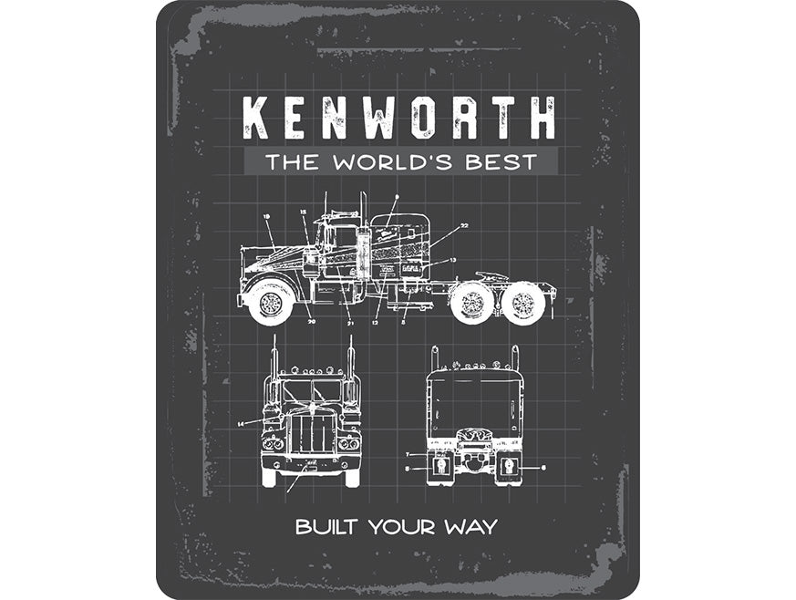 The SIGN KW GARAGE W900 BUILT is a vintage-style metal sign featuring blueprint views of the Kenworth W900 and “KENWORTH The Worlds Best Built Your Way” text on a distressed dark background—ideal for workshop decor.