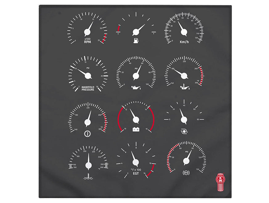 A dark panel shows twelve analog-style gauges with white markings and red needles for RPM, speed, oil, fuel, and more. Keep your view smudge-free by cleaning the glass with the CLOTH KW MICROFIBRE—machine washable for easy care.