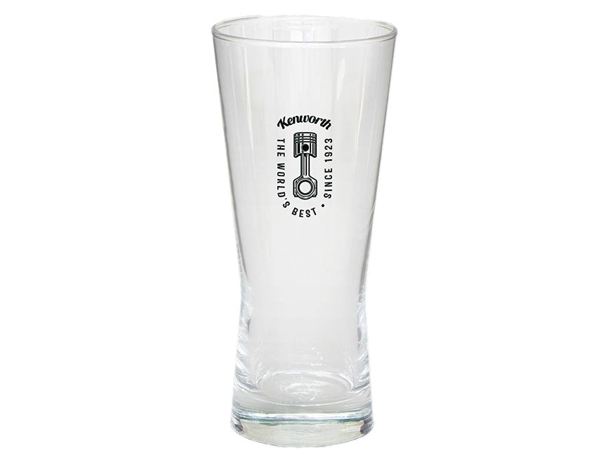 The GLASS KW BEER SCHOONER is a clear 400ml Soho beer glass with a black Kenworth logo and THE WORLD'S BEST • SINCE 1923 printed vertically, featuring a laser-etched base and slightly flared top.