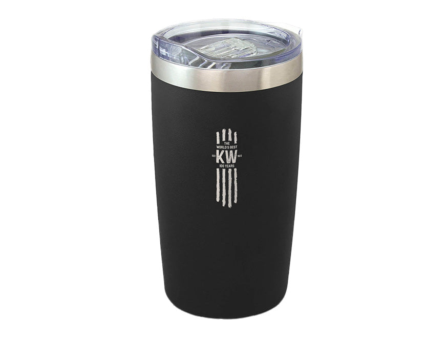 The MUG KW TRAVEL BLACK S/S is a 300ml double-wall insulated mug with a clear plastic lid, silver rim, and a white vertical KW logo in the center.