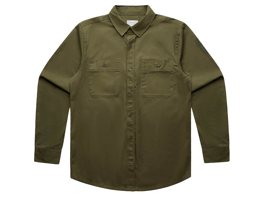 The SHIRT KW DRILL ARMY is an olive green, smart long sleeve shirt with two front chest pockets and a collar, laid flat on a white background—ideal for professional wear.