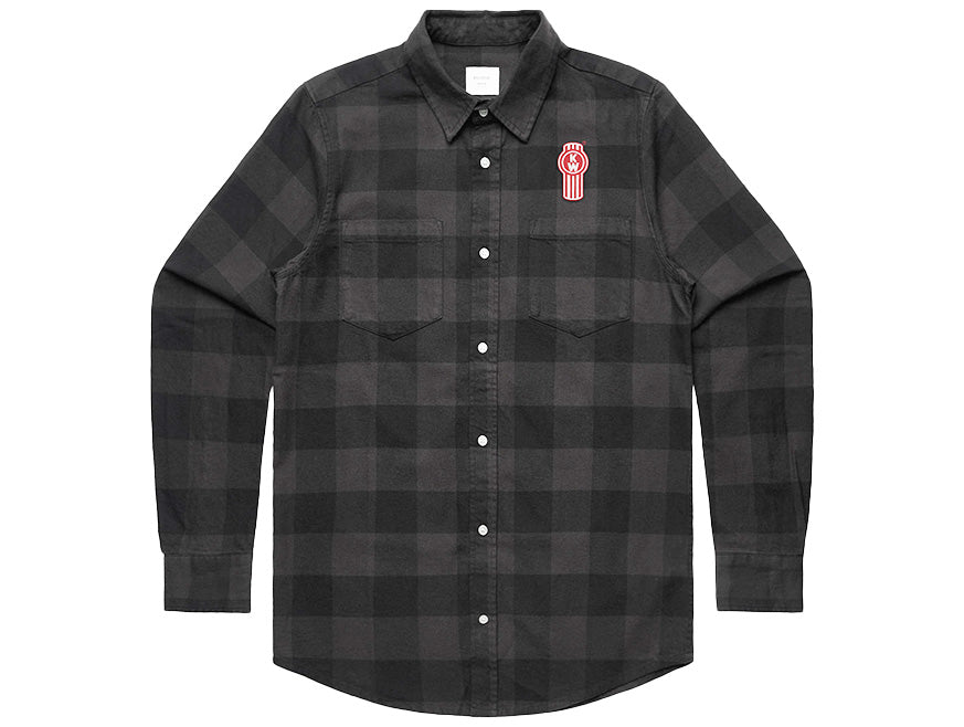 The SHIRT KW DRILL CHECK is a long-sleeve black and gray checkered shirt with two chest pockets and a small red and white patch on the left chest—ideal for any occasion.