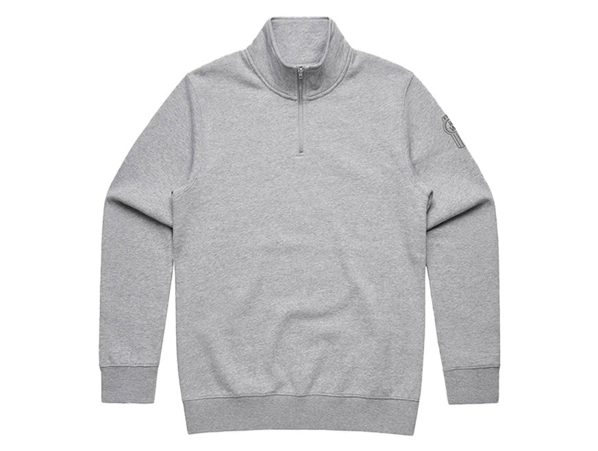 The SWEATSHIRT KW 1/4 ZIP GREY is a light gray, long-sleeve 1/4 zip sweatshirt with a high collar, ribbed cuffs and hem, plus a small upper left sleeve graphic—a comfortable nod to World's Best Kenworth style.