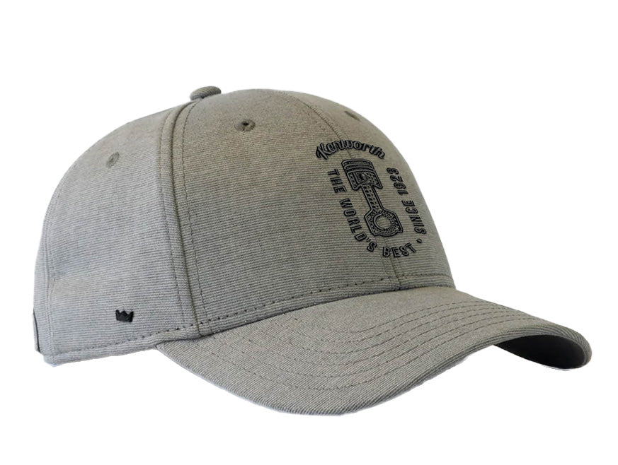 The CAP KW WORLDS BEST GREY is a light gray cap with a curved brim, black dumbbell graphic, and "Favorite The World Best Since 1983" text. It features an adjustable strap for comfort.