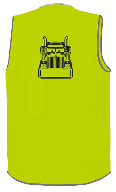 The HI VIS KW YOUTH YELLOW 12-14 vest features a black semi-truck graphic on the upper back, gray trim for extra safety, and high-visibility yellow coloring, making it ideal for style and protection.