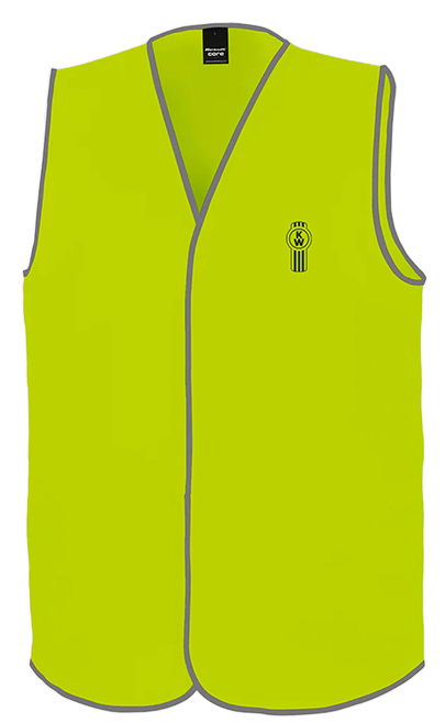 The HI VIS KW YOUTH YELLOW 12-14 is a bright yellow youth vest with gray trim and a black and yellow logo on the left chest, shown sleeveless on a plain white background.