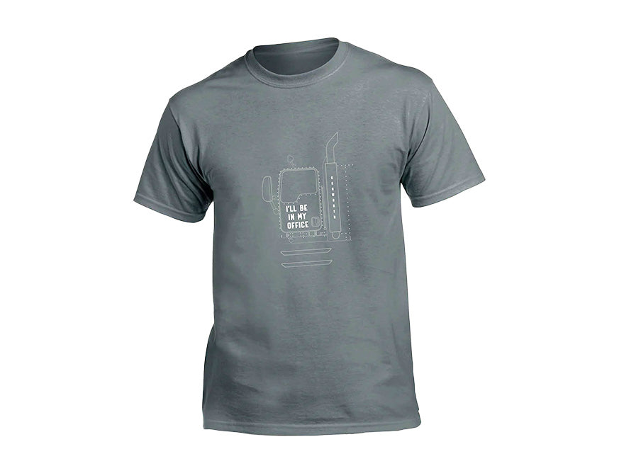 The TEE SHIRT KW IN MY OFFICE is a gray, comfy tee with a minimalist white line drawing of a coffee mug and French press. The mug features “I’LL BE IN MY OFFICE,” ideal for fans of work-themed graphics and casual style.