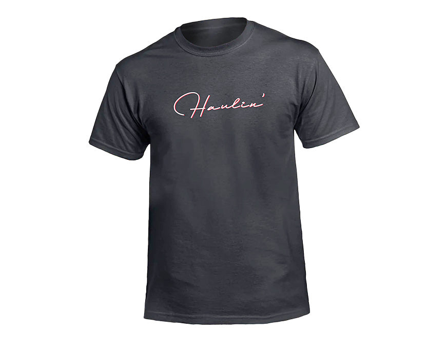 The TEE SHIRT KW HAULIN BLACK is a dark gray-black tee with "Howlin’" in white and pink cursive across the chest, featuring short sleeves and a classic crew neckline for comfortable, standout style.