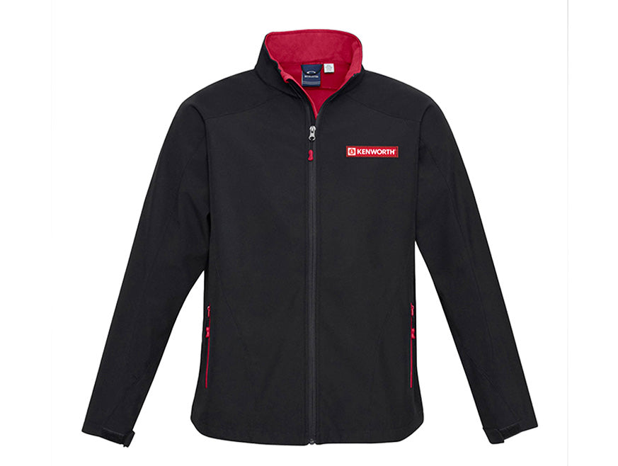 The JACKET KW GENEVA is a black zip-up jacket with red inner lining, red zipper accents, Kenworth logo on the left chest, two zippered side pockets, and a stand-up collar. Durable, comfortable, and stylish.