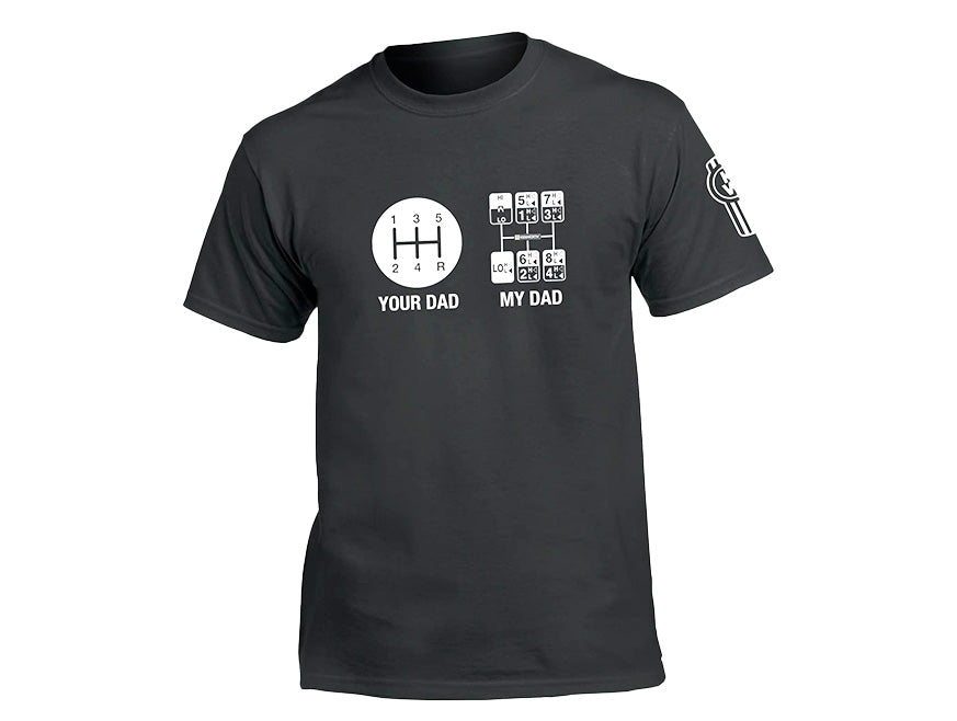 The TEE SHIRT KW SHIFTER features a graphic with a basic gear shift on the left as "Your Dad" and a complex semi-truck shifter on the right as "My Dad." A small gear shift icon details the left sleeve.