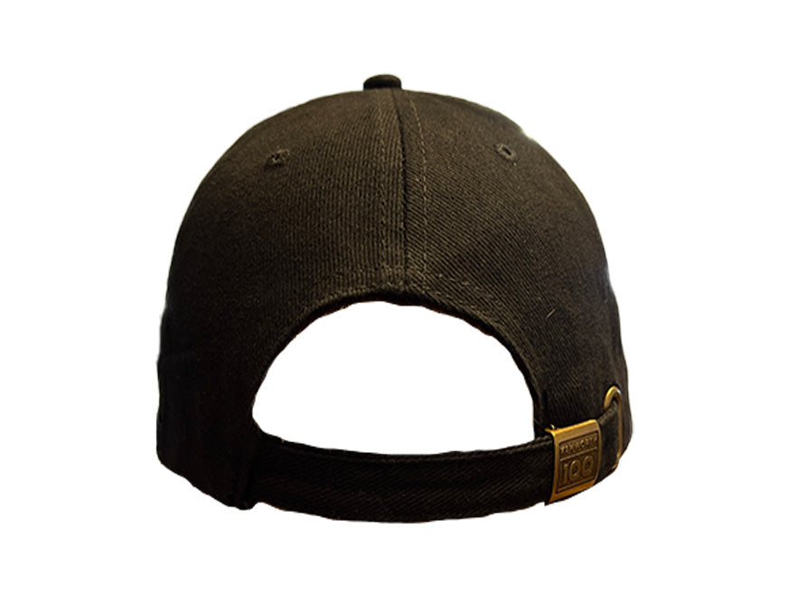 The CAP KW 100 YEARS BLACK is a limited edition black baseball cap, seen from the back with an open adjustable strap, a small metallic buckle, and a rectangular tag, celebrating Kenworth's 100th anniversary.