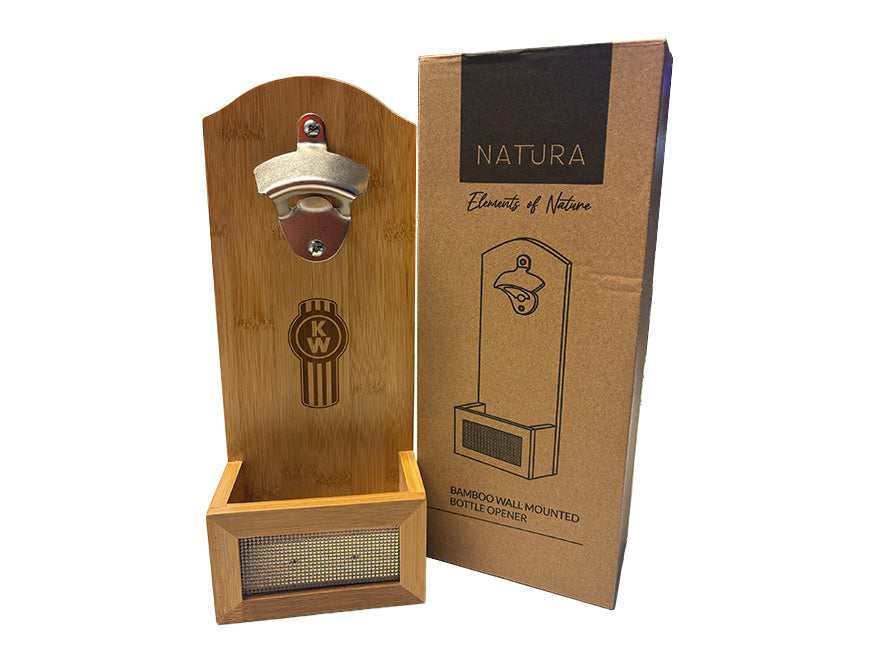 A BOTTLE OPENER KW WALL MOUNT with a bamboo back, metal opener, and cap catcher is shown beside its box—a stylish mancave essential for any home bar.