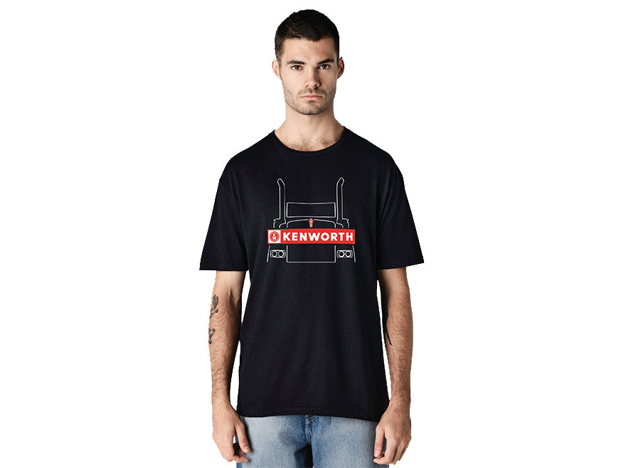 A man wears the TEE SHIRT KW FRONT—a black Kenworth T-shirt with a white truck outline and bold red logo—standing against a plain white background.