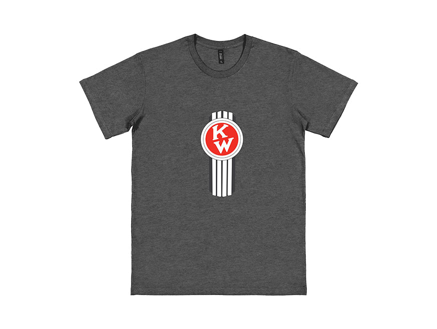 The TEE SHIRT KW VINTAGE is a dark gray Kenworth T-shirt with vertical white stripes, a retro style, and a red and white KW logo centered on the chest.