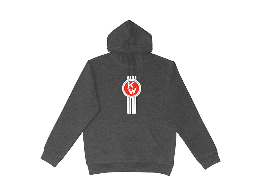 The HOODIE KW VINTAGE is a dark grey Kenworth hoodie with a hood, featuring a vintage bug logo—a red circle with white K W letters at the center—and three vertical white stripes from the neck.