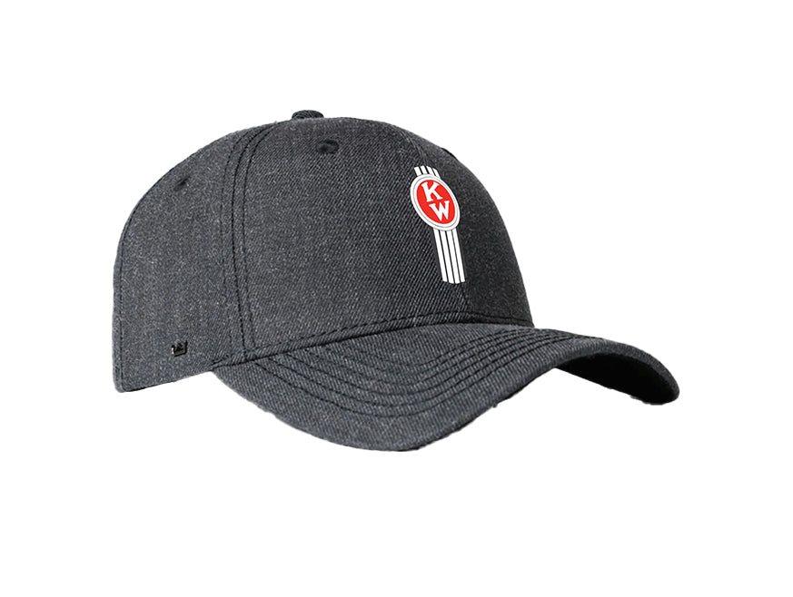 The CAP KW VINTAGE BUG is a dark gray Kenworth cap with a Pro Style curved brim, featuring a vertical logo with a red circle (white K and W) and three white stripes running down from the logo on the front.
