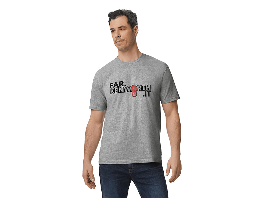 A man wearing the TEE SHIRT KW WORTH IT, a grey marle tee featuring "FAR. KENWORTH .IT" with a red semi-truck as the "O" in KENWORTH on the front.