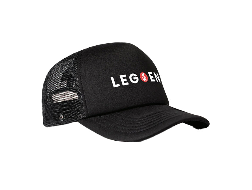 The CAP KW TRUCKERS LEGEND BLACK is a trucker-style cap with a black mesh back, curved brim, and "LEGEND" on the front—“D” replaced by a red circle with a white N. Side mesh panels add breathability for cool comfort.