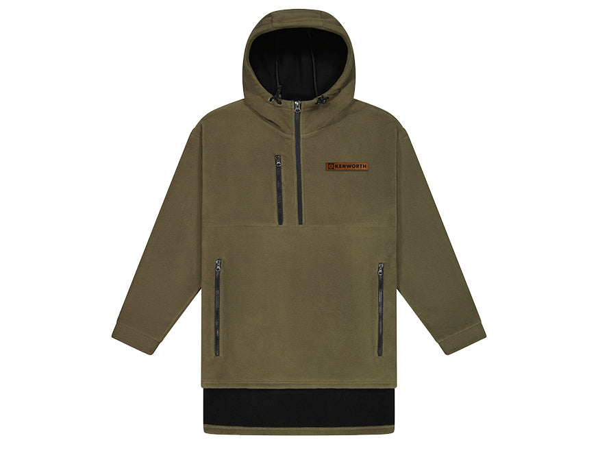 The SHIRT BUSH KW LONG is an olive green hooded pullover with a half-zip front, zippered chest and side pockets, a black Kenworth chest patch, and black hem—perfect for outdoor work or layering over fleece.