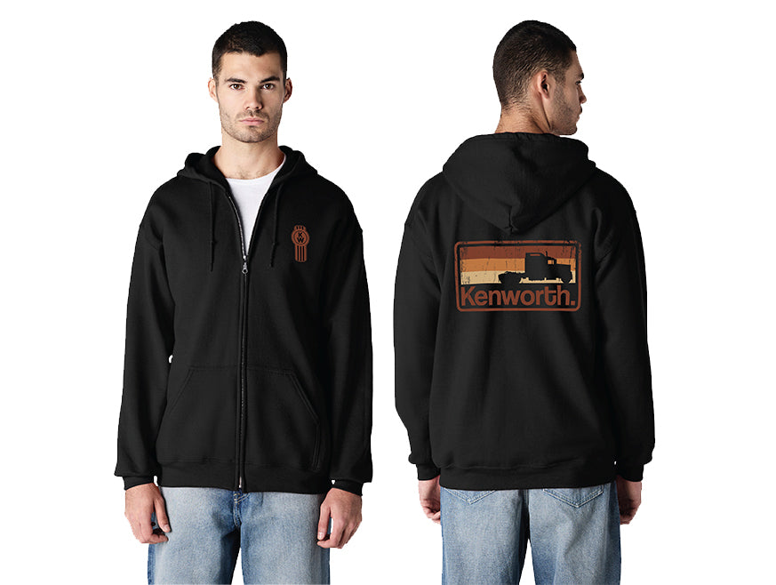 A man wears the HOODIE KW SHADOW, a black Kenworth hoodie with a small brown shadow logo on the chest and a large retro truck graphic with bold "Kenworth" lettering on the back.