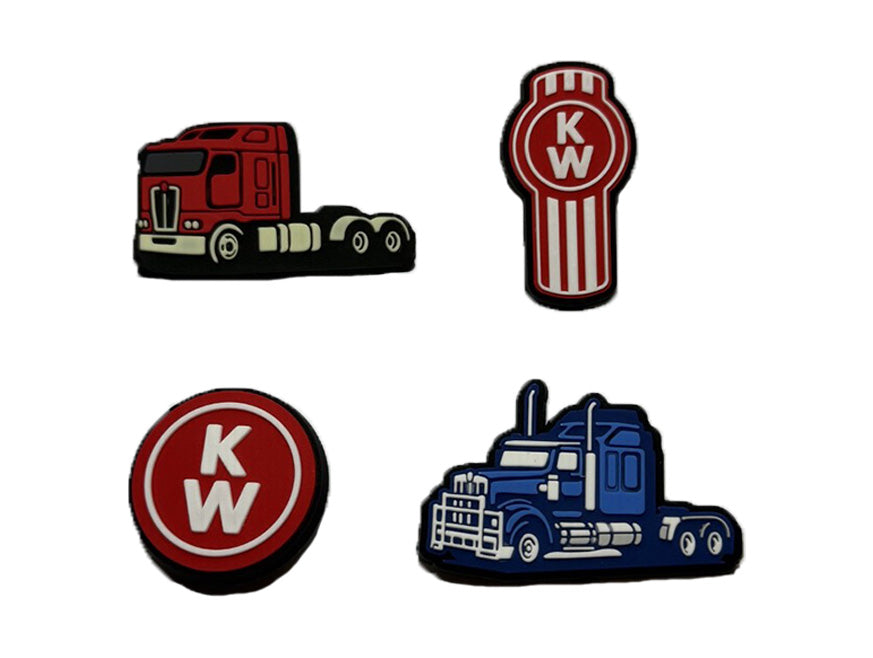 KW Croc Jibbitz (Set of 4): Includes cartoon-style pins—a red semi truck, a blue semi truck, a red and white KW oval, and a red KW circle. Ideal as custom shoe charms or premium clog accessories.