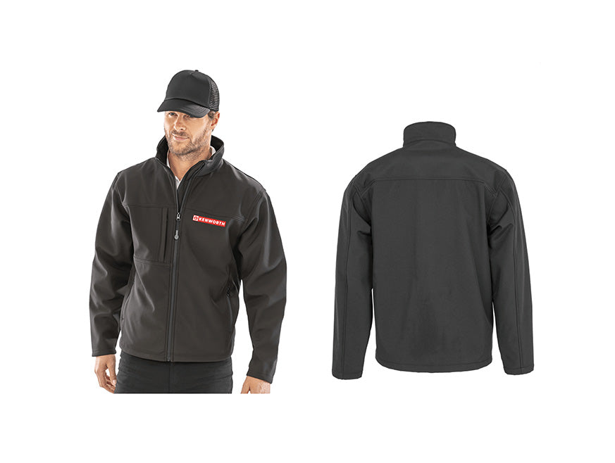 A man in a black JACKET KW SOFTSHELL BANNER and matching cap stands by a rear view of the same jacket. This breathable softshell features a zip front, chest pocket, and a small red and white patch on the left chest.