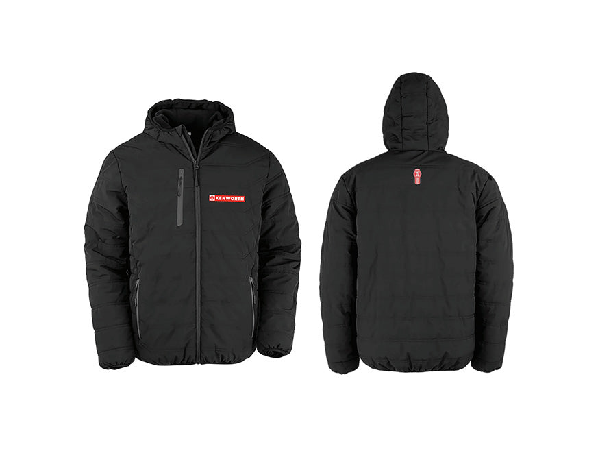 Front and back view of the JACKET KW PUFFER BANNER in black, featuring zippered pockets, windproof lightweight design, a small red and white Kenworth logo on the left chest, and an additional small logo below the back hood.