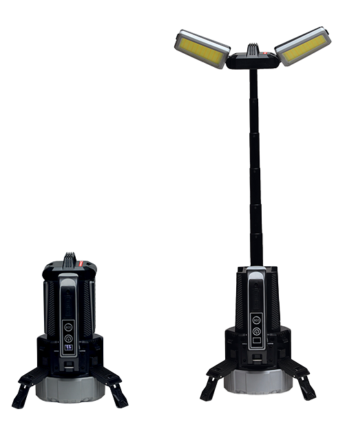 Two black, portable Kenworth LED Safety Torches are shown: one is a compact torch with folded legs; the other has three adjustable COB floodlights on a telescopic stand. Both have control buttons on the front.