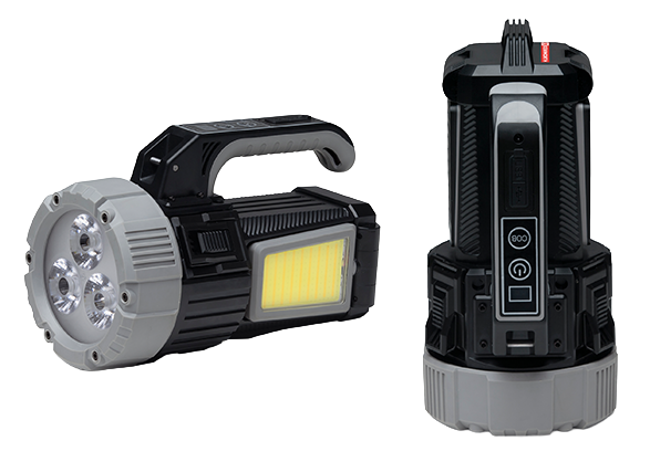Two black and gray Kenworth LED Safety Torches with COB floodlights are shown: one lies on its side revealing the handle and side panel, while the other stands upright displaying control buttons and charging port.