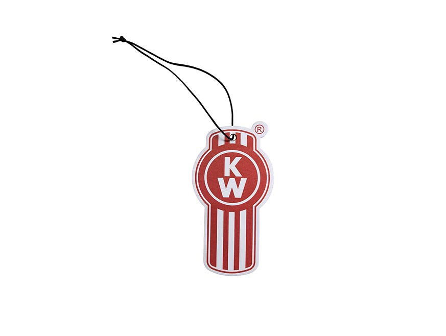 The AIR FRESHENER KW is a red and white key-shaped tag with the letters K and W in white on a circular background, attached to a black string for hanging.
