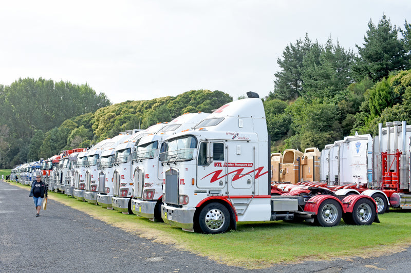 A row of white and red semi-trucks parked on grass beside a road, with trees in the background and a person walking nearby.