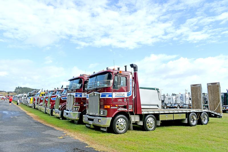 A row of colorful semi trucks, including a maroon flatbed truck in the foreground, are parked on grass beside a paved lot under a partly cloudy sky.