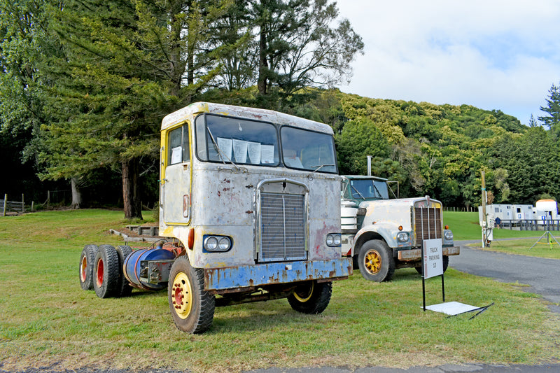Two old, rusted semi-trucks are parked on grass, surrounded by trees. A sign in front reads These vehicles for sale. The background includes more vehicles, a road, and a hilly, wooded area.