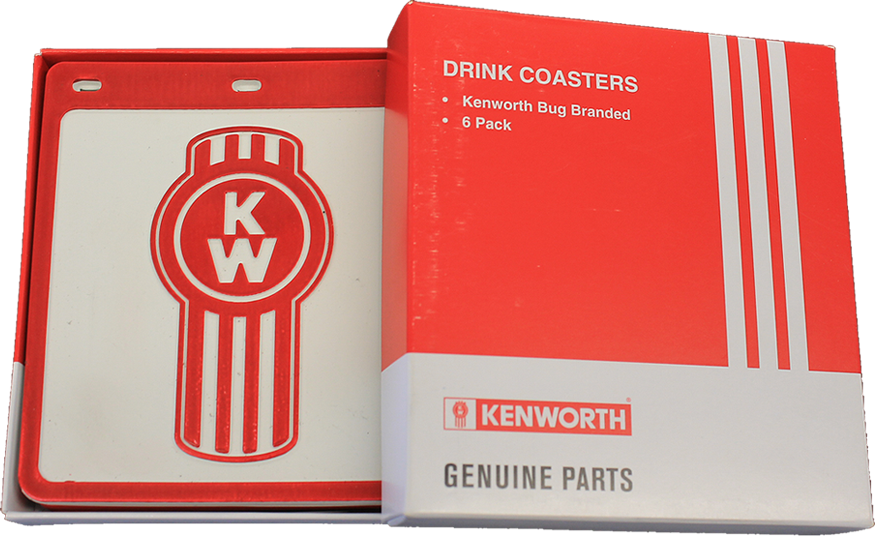 The COASTER KW MUDFLAP SET (6pk) includes boxed mudflap-style coasters featuring the iconic red Kenworth logo on white. Labeled "Drink Coasters, Kenworth Bug Branded, 6 Pack, Genuine Parts"—a durable set for any fan.