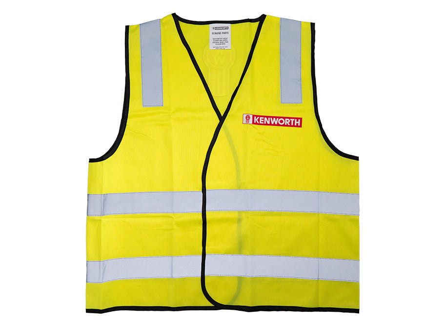 The VEST SAFETY KW BUG YELLOW is a bright yellow Kenworth safety vest with silver reflective stripes and a chest logo, shown flat on a white background—perfect for jobs that require high visibility.