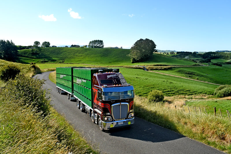 A large red and black semi-truck with green trailers drives on a narrow rural road surrounded by green rolling hills, trees, and grass under a clear blue sky.