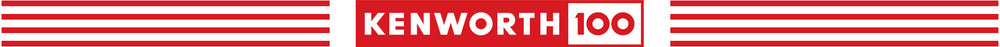 Red and white horizontal stripes with a central red rectangle containing Kenworth 100 in bold red and white text, marking Kenworths 100th anniversary.